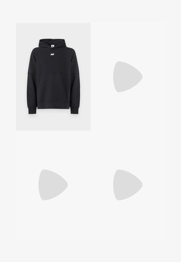 Zwarte Nike hoodie met voorkantlogo, lange mouwen, geribde boorden en een capuchon, afgebeeld tegen een effen lichte achtergrond.; Zwart T-shirt met korte mouwen met een kleine blauwe Nike swoosh en witte tekst "ATHLETIC DEPT JUST DO IT." op de bovenlinker borst.; Turquoise Nike joggingbroek met een zwarte tailleband met trekkoord, zijzakken met rits, kniepanelen en taps toelopende pijpen met verstelbare manchetten.; Grijs-witte Nike hardloopschoen met gevoerde zool zweeft boven een betonnen trede in een buitenomgeving.