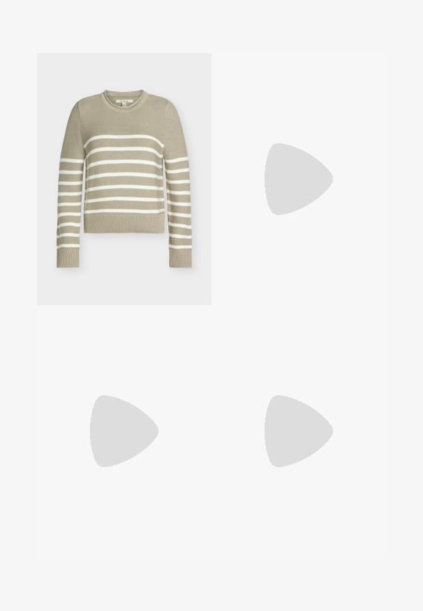Pull beige en maille avec des rayures blanches horizontales sur la poitrine et les manches, poignets côtelés et col rond.; Chemise à manches longues, boutonnée, de couleur bordeaux foncé avec un col pointu et des poignets boutonnés, présentée sur un fond blanc.; Pantalon ample beige avec fermeture boutons et fermeture éclair, passants pour ceinture, et un design frontal épuré, présenté sur un fond blanc.; Mocassins en cuir noir avec un design d'accent cousu, bout rond, semelle plate en caoutchouc et finition lisse. Silhouette classique et polyvalente.