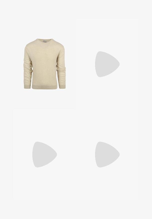 Jersey beige de cuello redondo con mangas largas y puños y dobladillo acanalados, mostrado sobre un fondo blanco liso.; Chaqueta de trabajo verde oliva con cuello abotonado, que presenta un gráfico blanco en la parte posterior de una persona, una caja de herramientas y texto en fuente negrita.; Chinos de corte slim en gris oscuro, elaborados con una mezcla de algodón. Cuentan con un cierre de un solo botón y pasadores para cinturón. Textura suave con un detalle mínimo.; Zapatilla de cuero blanca con acabado liso, puntera redonda, cordones con seis ojales y suela de goma texturizada. Diseño minimalista sin patrones.