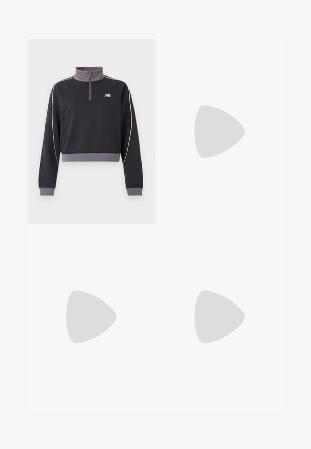 Sudadera negra y gris con cremallera hasta el cuarto, mangas largas, ribetes blancos a lo largo de las mangas, puños y bajo acanalados, y pequeño logo blanco de New Balance en el pecho.; Camiseta beige de manga corta New Balance Athletics con logo y texto burdeos centrados en el pecho, fondo liso.; Pantalones de pierna ancha de color negro, confeccionados con una tela suave, que presentan pliegues y un pequeño detalle de logo. Diseñados con una cintura de altura media.; Bailarinas de color crema con suela negra y correas elásticas, exhibidas sobre una plataforma de hormigón gris con fondo desenfocado de escaleras.