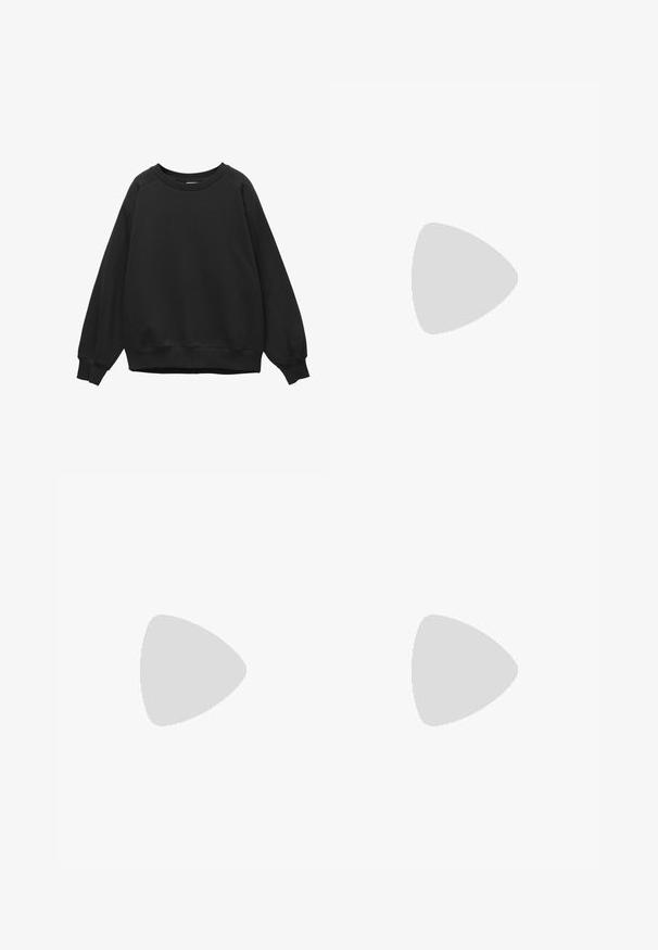 Sweat-shirt noir à col rond avec manches raglan longues et poignets et ourlet côtelés, design uni, posé à plat sur un fond blanc.; Leggings noirs en tissu lisse et extensible. Dotés d'une taille large et d'un design de jambe fuselée, adaptés pour une utilisation active ou décontractée.; Baskets en suede noir et gris avec un grand logo "N" couleur crème, lacets violets et semelle extérieure en caoutchouc gomme texturé.; Lunettes de soleil noires en forme d'œil de chat avec des verres gris foncé, monture en plastique élégante, coins pointus et branches droites. Pas de métal visible ni d'accents.