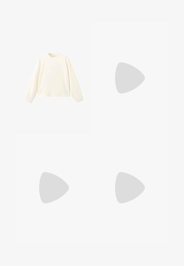 Sweat-shirt crème à manches longues avec encolure ronde, une couture horizontale sur la poitrine et des poignets élastiques.; Une jupe midi bleu marine foncé en tissu lisse, avec une taille ajustée et une forme évasée, sans motifs ni embellissements visibles.; Mules à talons hauts noirs avec un extérieur en cuir lisse, à bout ouvert et au design courbé. Dotés d'un talon aiguille élégant et d'un style minimaliste.; Lunettes de soleil carrées avec une monture en écaille de tortue, verres sombres et accents de logo dorés sur les branches. Design élégant avec une finition mate.