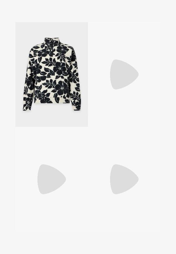 Sort og hvid fleece-pullover med stort blomstermønster, lange ærmer, høj krave og halv lynlås foran.; Hvid bomuld t-shirt med korte ærmer, rund halsudskæring, med lille lyserødt "Vacation Club" logo på venstre bryst.; Brune kordfløjs overalls med brede ben, justerbare stropper og forlomme. Blød tekstur med lodret ribbet mønster.; Sorte ruskinds- og lædersneakers med en cremefarvet side-swoosh og lys cremefarvet hæl. Har beige snørebånd og en gummirubber-sål.