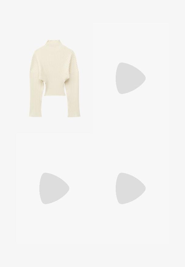 Flødefarvet ribstrikket sweater med lange ærmer, cropet længde og en høj mock-neck krave.; Sort, ribbet strikket midiskørt med en tætsiddende silhuet. Lille Lacoste-logo detalje på livet, med en glat tekstur.; Sorte læder ankelstøvle med spids tå, elastiske sidepaneler med lodrette riller og en lav blokhæl. Glat tekstur og slankt design.; Sort skuldertaske i læder med buet klap, guld "HUGO" logo på forsiden og enkelt justerbar strop.