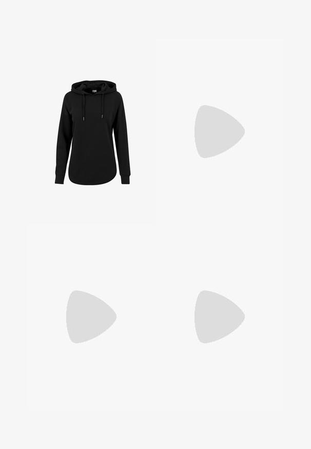 Sort hoodie lavet af bomuldsblanding, med en kengurulomme, snoretræk i hætten og lange ærmer med ribbet manchetter og kant.; Sorte tætsiddende leggings med højt liv og glat stof, vist fladt mod en hvid baggrund.; Sorte corduroy sneakers med tre Velcro-stropper og en tekstureret overdel. Lavprofil hvid gummisål. Båret med lyseblå cropped bukser.; Sort polstret skuldertaske med justerbare remme og lynlås, vist mod en hvid baggrund.