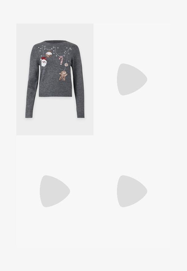 JDY JDYTWINKLE XMAS O NECK PULLOVER - Trui - medium grey melange; Zwarte cargobroek met een wide-leg design, gemaakt van een glad, rekbaar materiaal. Voorzien van twee zijzakken met kleppen en een hoge tailleband.; Benen met donkere geribbelde leggings gecombineerd met zwarte ballerina's met kleine strikdetails op een witte achtergrond.; Kleine zwarte glanzende handtas met twee lange hengsels en zijkant trekkoord details op een effen lichte achtergrond.
