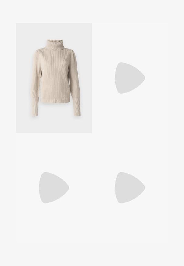 VILA Knitted Turtleneck - Džemper - feather gray; Pruun nahkminiseelik, millel on sile tekstuur, sirge lõige ja ilma õmblusteta vöökoht, minimalistliku disainiga, ilma mustrite ja kaunistusteta.; Kohverkiibed beezist seemisnahast, kõrged kuni põlveni, terava toe ja madala kiilukannaga, esitatud lihtsal valgel taustal.; Pruun faux nahast õlaline kott, millel on kaarjas kuju, minimaalne õmblemine ja kuldse tooni metallist aksessuaar. Omab ülemist tõmblukku ja reguleeritavat rihma.