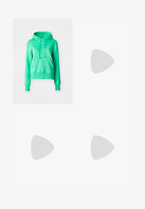 Sudadera verde de tejido suave, con un bolsillo frontal, capucha con cordones, puños acanalados y un pequeño logo blanco en el pecho.; Camiseta de algodón blanca con cuello redondo y mangas cortas. Presenta un pequeño logotipo negro de Nike en el pecho. Diseño sencillo y sin adornos.; Pantalones de chándal verde menta con cintura elástica, cordón y puños acanalados. Cuenta con un pequeño logo blanco de Nike en el muslo izquierdo.; Zapatilla de running de malla gris con un distintivo swoosh en rosa y amarillo, acentos negros y una suela de goma texturizada. Cuenta con una puntera reforzada y un collar acolchado.