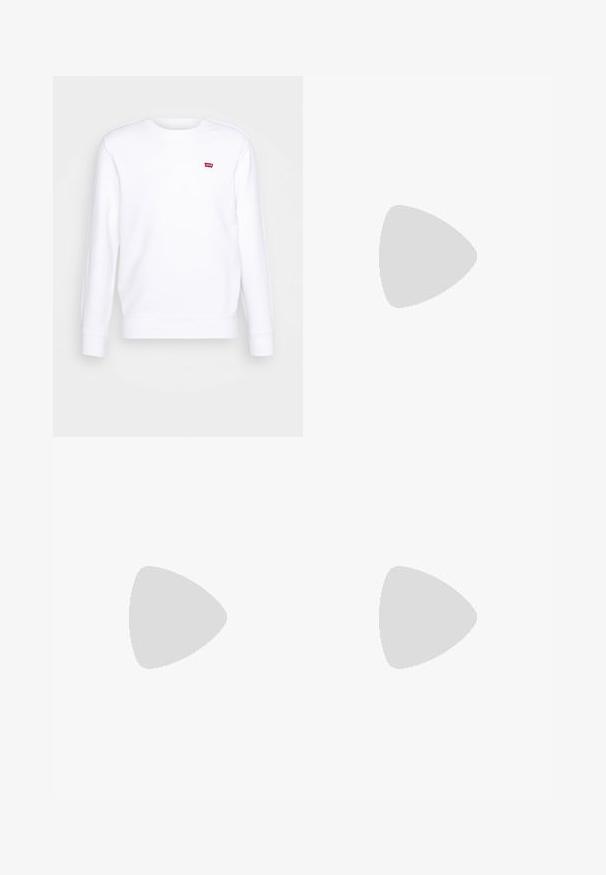 Hvid sweatshirt lavet af bomuld. Har rund hals, lange ærmer og et lille rødt logo på brystet. Blød tekstur med ribbede manchetter.; Sort og gråternet flannel skjorte med lange ærmer, knaplukning foran, to brystlommer og en let bøjet kant. Struktureret stof.; Hvide bomuldsbukser med lige ben, forlommer, enkelt knaplukning og en blød tekstur.; Hvide læder sneakers med en lys beige gummisål. Har en brun ruskinds V-logo og hælflap. Snørret lukning med en struktureret overflade.