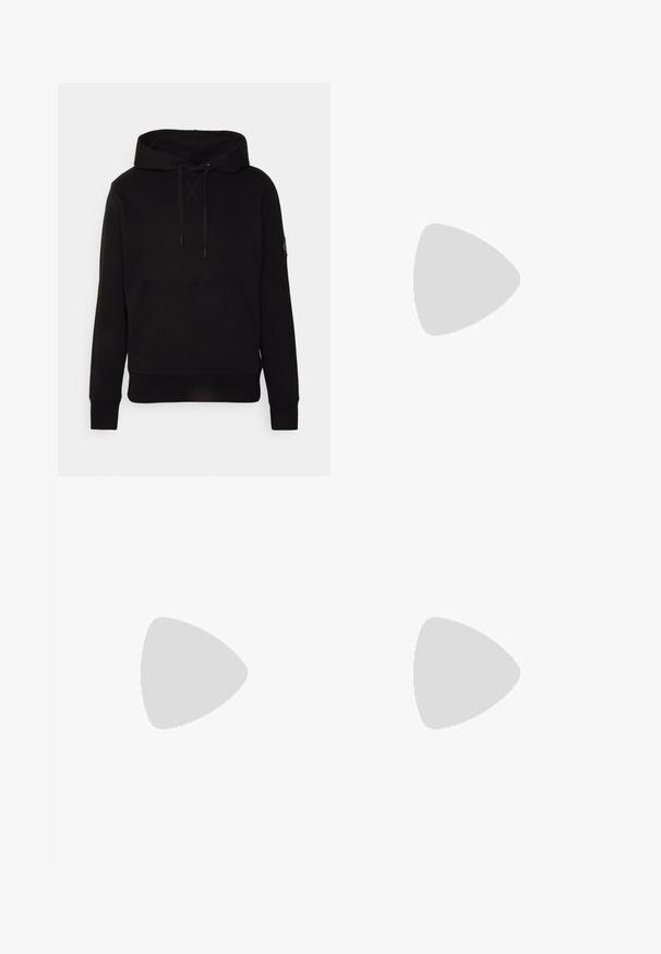 Black hoodie made of soft fabric, featuring a kangaroo pocket, adjustable hood with drawstrings, and ribbed cuffs. Subtle branding on sleeve.; White cotton T-shirt with rolled short sleeves, rounded hem, and a black logo tag featuring "CK" at the bottom left side.; Black skinny jeans made of denim with a smooth texture, featuring five pockets and a metal button closure. Simple design with no patterns.; Light gray athletic shoe with a breathable mesh upper, textured rubber sole, and reflective accents. Features a cushioned collar and lace-up design.