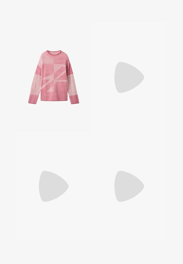 Pull en tricot rose avec un motif géométrique aux teintes variées, texture côtelée, encolure ronde et manches longues.; TOM TAILOR DENIM T-shirt basique - gardenia white; Jean en denim bleu foncé avec une coupe ajustée, présentant des coutures orange, cinq poches et une fermeture à bouton à la taille.; Baskets en suede rose avec accent vert au talon et rayures. Présente un bout rond, un devant à lacets et une semelle en caoutchouc gomme. Détails perforés sur les côtés.