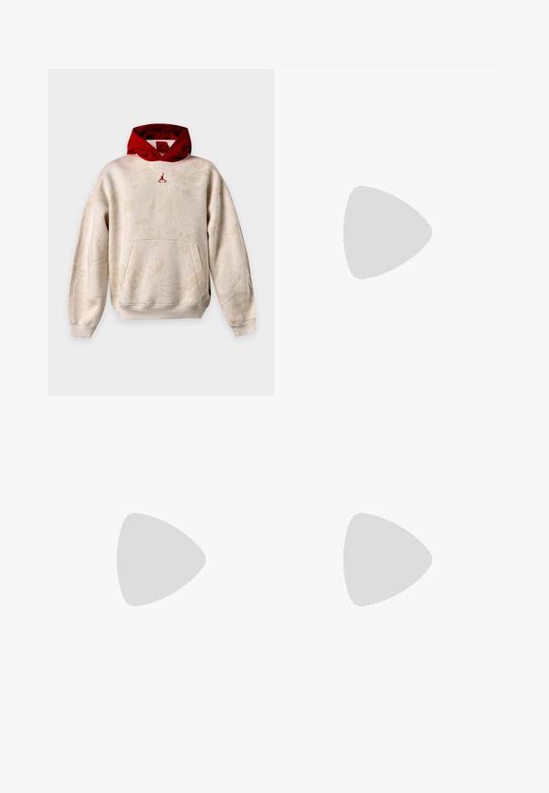 Béžová mikina s kapucňou s jemnými grafickými vzormi, červenou vnútornou kapucňou, klokankovým vreckom a malým červeným logom Jumpman na hrudi.; Červené bavlnené tričko s krátkymi rukávmi a čiernym siluetovým logom na ľavej strane hrudníka. Dizajn s okrúhlym výstrihom a voľným strihom.; Biele elastické nohavice jogger s šnúrkou v páse, manžetami na členkoch a malým logom Jordan na ľavom stehne.; Svetlo šedé a biele tenisky s ružovými akcentmi a textúrovanou sieťovinou. Obsahujú aerodynamický dizajn a gumovú podrážku s vzduchovým odpružením.