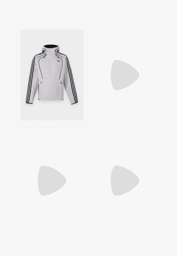Lysegrå Adidas hættetrøje med sorte striber ned langs ærmerne, sort kant, lynlåslommer og Adidas Trefoil-logo på brystet.; Hvid ribbet tanktop med rund halsudskæring, sort Adidas-logo på venstre bryst og uden ærmer. Blødt bommateriale, afslappet pasform.; Marineblå atletikshorts lavet af et let materiale, med en elastisk talje og tre hvide striber på siderne. Adidas-logoet er vist.; Beige Adidas Spezial sneaker med lav profil, grønne striber, gummisål og "SPEZIAL"-branding på siden, vist fra ydersiden.