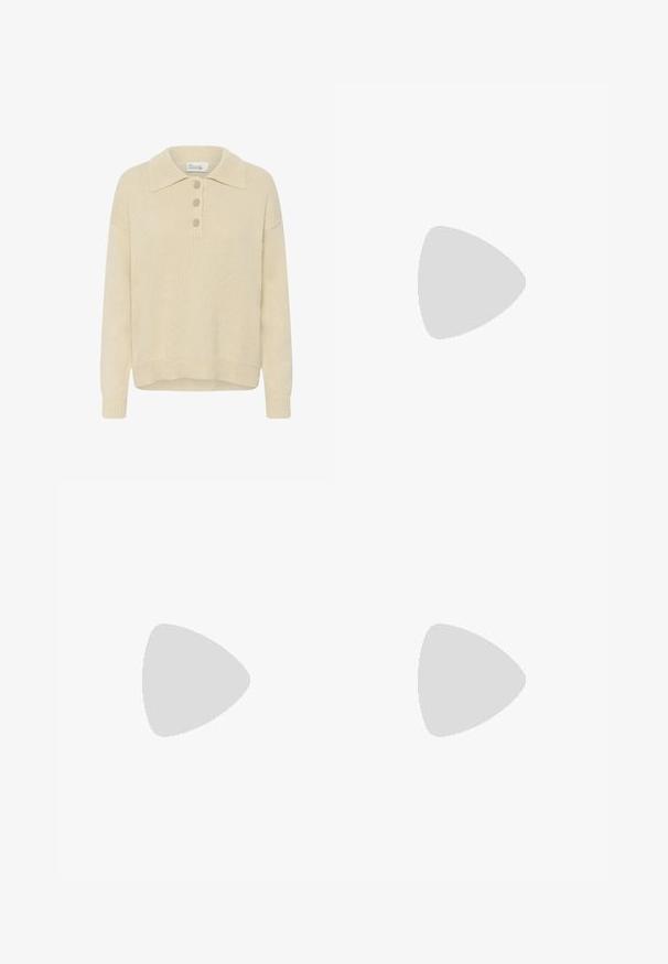 Suéter beige de punto con mangas largas, cuello doblado y tres botones beige en el centro frontal.; Pantalones de pana anchos en color beige con una textura acanalada sutil, lazos para cinturón, cierre frontal con cremallera y dos bolsillos laterales.; Zapatilla de ante color crema con rayas negras, suela de goma, lengüeta negra en el talón y texto dorado "SPEZIAL" en el lateral.; Gafas de sol estilo ojos de gato con montura carey, lentes tintadas en verde oscuro y diseño angular, exhibidas sobre un fondo blanco.