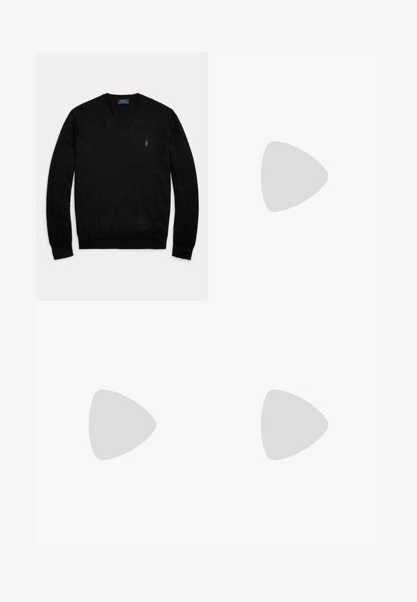 Mustast pika varrukaga V-kaelusega kampsun soonikkoes varrukate ja äärega, vasakul rinnal väike tikkvärviga Polo Ralph Lauren logo.; Valge pikakäeline nööbitav särk kraega ja Polo Ralph Laureni logo vasakul rinnal tikitud.; Mustad kitsad lõikelised sametpüksid, mille esiküljel on hajutatult väikesed kollased tikitud logod.; Mustast nahast loafers tugeva taldiga, ümar nina ja rohelise Polo logoga sildiga külgedel.