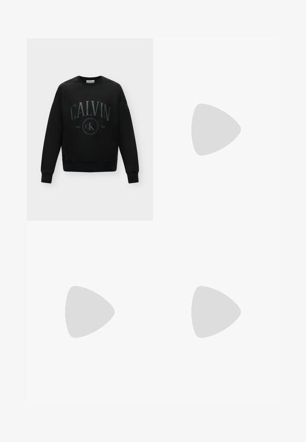 Sweat-shirt noir à manches longues avec le texte "CALVIN" et le logo circulaire "cK Since 1968" imprimés sur le devant.; T-shirt blanc à manches courtes avec le logo Calvin Klein "CK" en noir et rouge centré sur la poitrine.; Short noir avec taille élastique et grand texte vertical "KLEIN" sur une jambe en dégradé rose, gris et vert.; Baskets noires en cuir avec une finition lisse, panneaux latéraux texturés, bout rond, semelle plate et détail de logo sur le côté. Présente un lacet classique.
