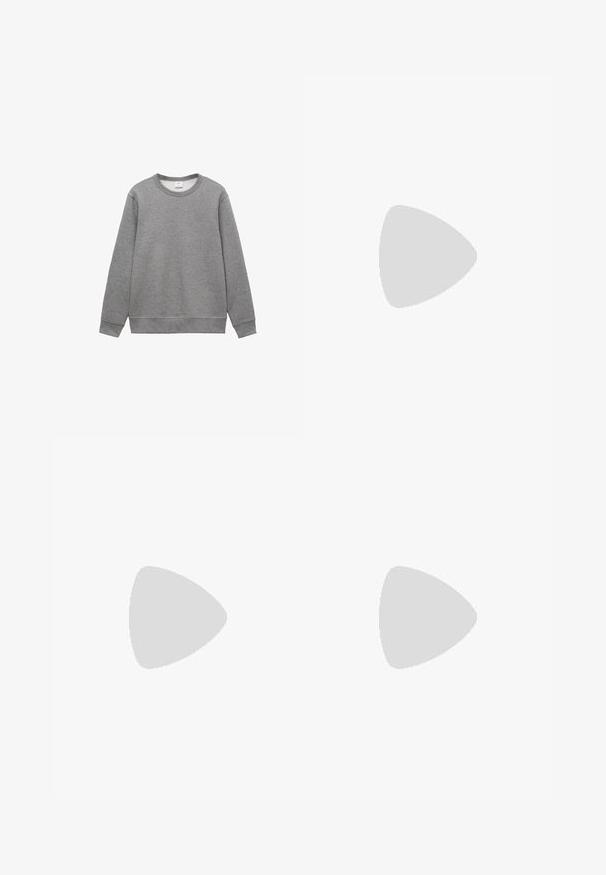 Grijze sweatshirt gemaakt van een katoenmix, met een klassieke ronde hals, lange mouwen en ribbelmanchetten en zoom. Soepele textuur.; Lichte beige katoenen t-shirt met een klassieke ronde hals en korte mouwen. Eenvoudig, onversierd ontwerp. Zachte textuur, reguliere pasvorm.; Bruine pantalon van gladde stof, met een rechte pijp, een ritssluiting aan de voorkant en zijzakken voor een nette, op maat gemaakte uitstraling.; Witte lage sneaker met veters aan de voorkant, getextureerde zijpanelen en dikke zool op een neutrale achtergrond.