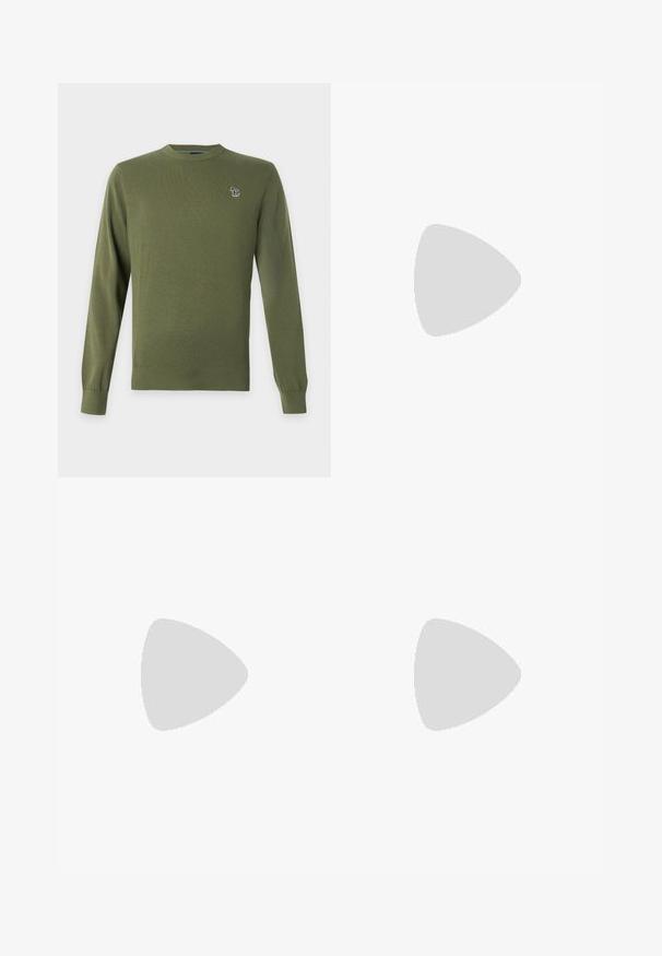 Pull en maille vert olive à manches longues avec poignets et ourlet côtelés, orné d'un petit logo animalier multicolore sur la poitrine gauche.; Jean en denim beige clair à coupe droite, dotés de poches avant, d'une fermeture à bouton et d'une texture subtile. Tissu lisse sans motifs.; Mocassins en cuir noir avec un embout rond, présentant des accents en métal doré et des détails de couture, montés sur une semelle en caoutchouc texturé et basse.; Sac bandoulière en cuir marron foncé texturé avec une sangle réglable et un petit accent décoratif bleu sur le côté.