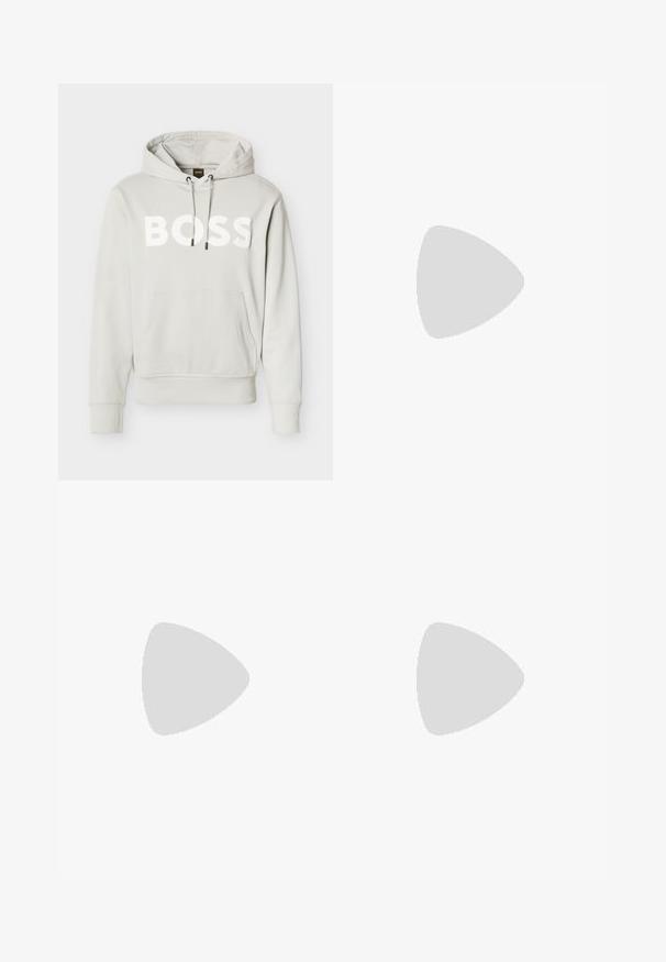 Hellgrauer Hoodie mit Fronttasche, verstellbarem Kordelzug an der Kapuze, gerippten Bündchen und Saum sowie einem auffälligen weißen "BOSS"-Logo auf der Brust.; Dunkelgraue Sweatpants mit Kordelzugbund, schmal zulaufenden Beinen und Seitentaschen. Glatte Textur und minimalistische Designdetails.; Weißer Sneaker aus glattem Leder mit niedrigem Profil, rundem Zehenbereich und flachen Schnürsenkeln. Verfügt über Perforationen an den Seiten und eine schwarze Gummisohle.; Schwarze Umhängetasche aus strukturiertem Stoff, mit Logo auf der Vorderseite, Reißverschluss und verstellbarem Tragegurt. Verfügt über eine glatte Lederbesatz.