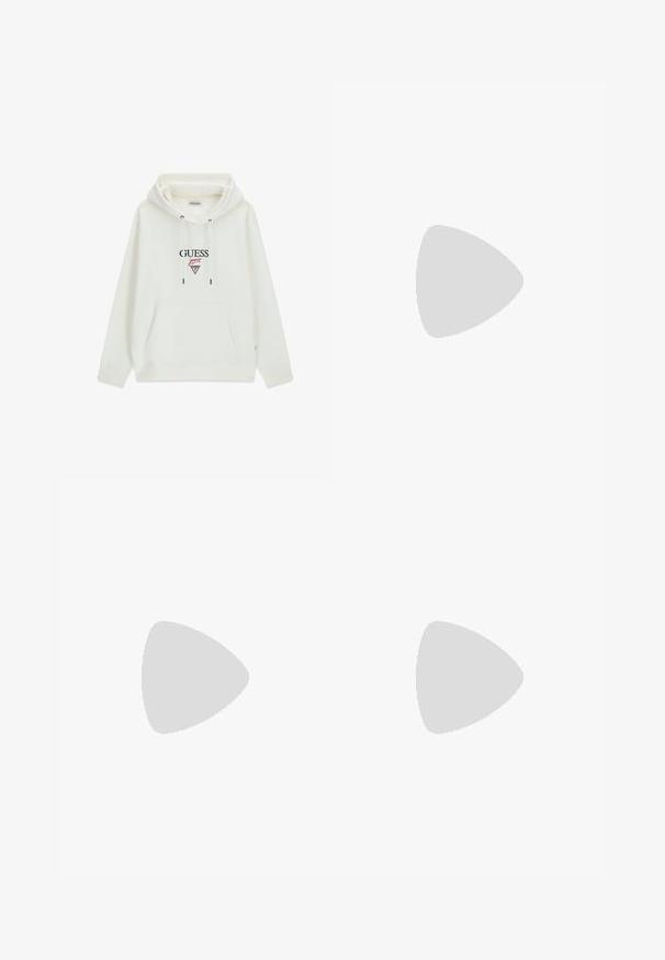 Sweat-shirt blanc à capuche avec poche kangourou devant et logo "GUESS jeans" ainsi qu'un emblème triangulaire en noir et rouge sur la poitrine.; Polo shirt vert foncé à manches courtes, col zippé et bord de col texturé contrastant. Fabriqué en tissu lisse avec un design minimaliste.; Jean droit pour homme en denim gris foncé avec fermeture avant à bouton et zip, passants de ceinture et design classique à cinq poches.; Sneaker GUESS noir et blanc avec des lacets marqués, flottant au-dessus d'un sol gris près d'un mur en blocs de verre et d'une colonne cylindrique.