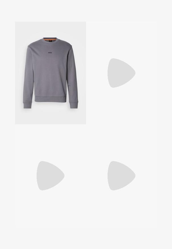 Grauer Sweatshirt aus Baumwolle mit rundem Halsausschnitt, gerippten Bündchen und Saum, mit kleinem "BOSS"-Logo auf der Vorderseite.; Weißes Baumwoll-T-Shirt mit kurzen Ärmeln, rundem Ausschnitt und geprägtem "BOSS"-Logo auf der Brust. Glatte Textur, normale Passform.; Dunkelgraue Sweatpants mit Kordelzugbund, schmal zulaufenden Beinen und Seitentaschen. Glatte Textur und minimalistische Designdetails.; Weiße Sneaker aus glattem Leder, runde Spitze, vier Ösen, dezente Perforationen und ein rotes Logodetail an der Seite.