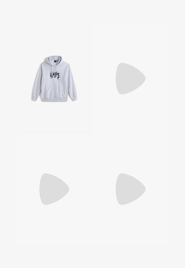 Grijze hoodie met een zak aan de voorkant, met zwarte letters "VANS" in een gestileerd lettertype. Gemaakt van zachte stof met een capuchon met trekkoord.; Lichtgrijs T-shirt met korte mouwen, gemaakt van katoen, met een klein zwart logo op de borst en een ronde halslijn. Eenvoudig ontwerp, geen patronen.; Lichtblauwe denim jeans met een sterpatroon in een lichtere tint. Rechte pasvorm met vijf zakken en een knoopsluiting.; Zwarte en grijze sport schoenen met een bovenwerk van mesh en suede, voorzien van een witte tussenzool, veters en een gedurfde "N"-logo aan de zijkant.