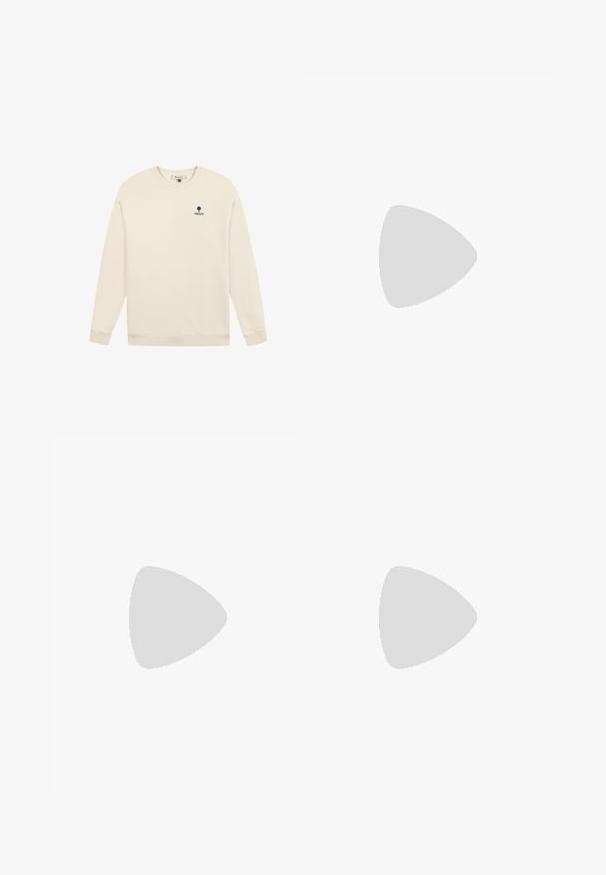 Off-white longsleeve crewneck sweatshirt met klein blauw bomenlogo en "FAGUO"-tekst op de linkerborst.; Wit poloshirt met korte mouwen, halve rits aan de voorkant en klassieke kraag, afgebeeld op een effen achtergrond.; Heren short met elastische taille, geel-grijs geruit patroon en witte aantrekkoorden, afgebeeld tegen een effen lichte achtergrond.; Lichtroze suède schoen met een ronde neus, vetersluiting en een crèmekleurig accentlabel. Voorzien van een tan rubberen zool voor extra grip.