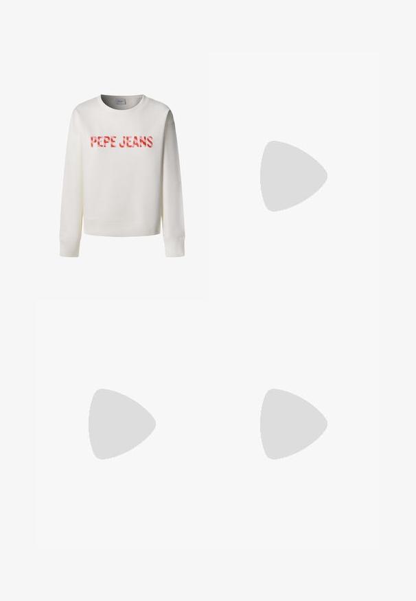 Valge pika varrukaga dressipluus soonikkoes mansettide ja äärega, millel on rinnal punase ja roosa geomeetrilise mustriga "PEPE JEANS" tekst.; Heledsinise otse jalga minevate teksade materjaliks on denim. Esitletud on klassikaline viie tasku disain ja peen kulumine jalgade lõikes.; Must nahast platvormkannaga jalanõu suure pandlaga, mis asub tekstuuritud lainelisel sinisel vaibal ja hägusalt hallil taustal.; Selge, ristkülikukujulised raamid ja sinised objektiivid. Omab pruunidest templivarrastest, millel on reljeefne "vogue" bränding.