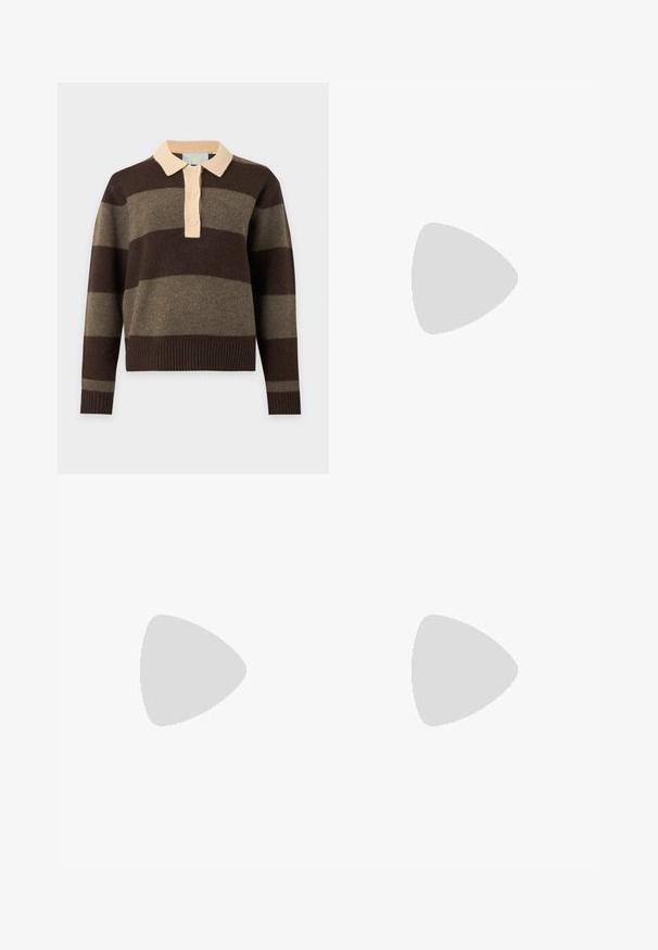 Pull en maille à manches longues avec larges rayures horizontales marron et olive, col beige et trois boutons beiges sur la patte de devant.; Pantalons en velours côtelé beige à jambes larges avec passants de ceinture, bouton avant et fermeture éclair, dotés de poches avant sur fond blanc.; Jambes portant des leggings côtelés foncés associés à des ballerines noires avec de petits détails en nœud sur fond blanc.; Sac à main en cuir verni marron de forme rectangulaire, avec deux longues poignées et des accents courbés subtils à l'avant.