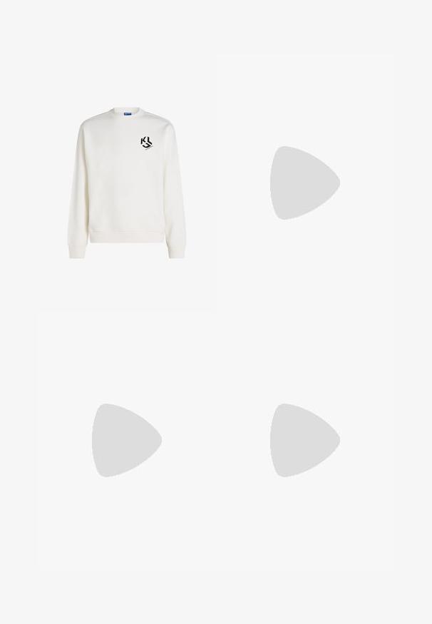 Sweatshirt blanc à manches longues avec col rond, bords-côtes aux poignets et à l'ourlet, présentant un petit logo noir sur le haut à gauche de la poitrine.; T-shirt manches courtes violet mat à col rond avec bordures rayées contrastées aux poignets et à l'encolure.; Shorts bleu marine longueur genou avec taille élastique et passants pour ceinture, en tissu texturé, présentés sur un fond uni.; Mocassin pour homme en daim beige avec une semelle en caoutchouc marron et un détail de sangle sur le dessus, vu de profil sur un fond uni.