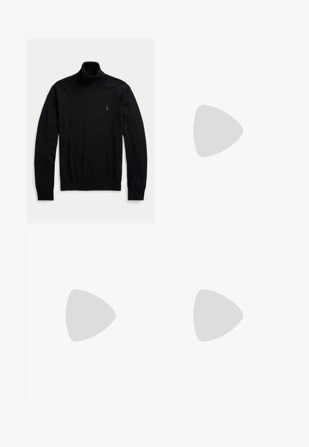 Pull noir à col roulé manches longues avec poignets et ourlet côtelés, comportant un petit logo brodé sur la poitrine gauche.; Polo noir avec texte jaune UAE, emblème UAE sur la poitrine gauche et logo joueur de polo Ralph Lauren jaune sur la poitrine droite.; Jean en denim noir à coupe slim, doté de cinq poches, passants de ceinture, et d'une étiquette de marque bleue sur la ceinture. Tissu lisse et durable.; Baskets basses blanches avec languette de talon beige, lacets blancs et petit logo brodé d'un joueur de polo sur le côté au-dessus d'une semelle épaisse.