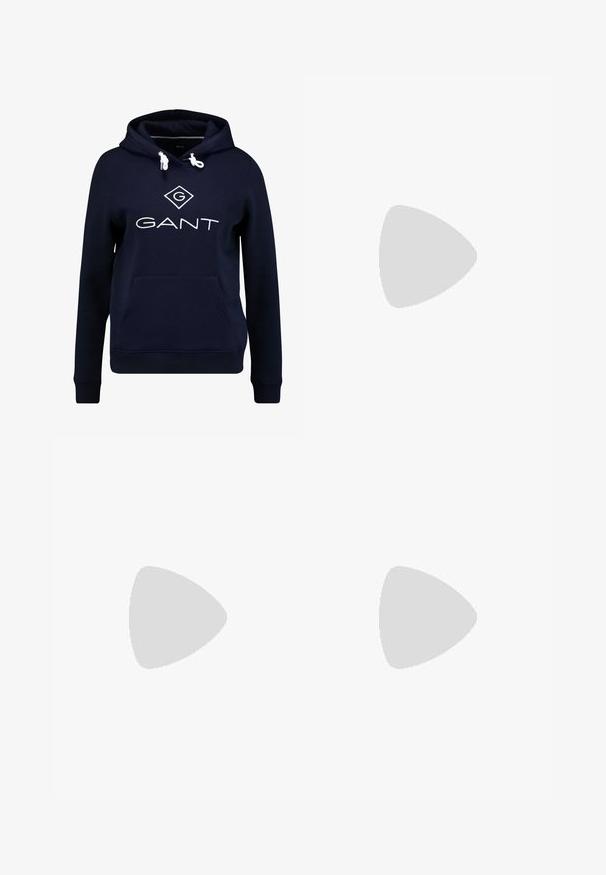 GANT LOCK UP HOODIE - Hættetrøje - evening blue; GAP HERITAGE JOGGER - Træningsbukser - navy uniform; Mørkeblå sportssko lavet af ruskind og mesh-materialer, med et fremtrædende sølvlogo, struktureret overdel og en hvid mellemsål.; Sølvfarvede metal hoops øreringe med en glat, blank overflade og buet halvmåneform, der har et minimalistisk design uden synlige mønstre.
