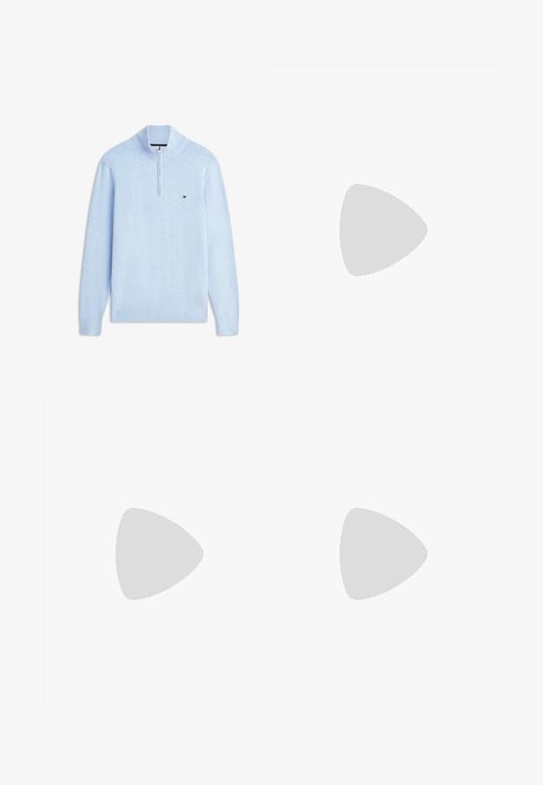 Jersey de manga larga azul claro con media cremallera y pequeño logo bordado de Tommy Hilfiger en el pecho izquierdo.; Polo verde claro con cuello, dos botones y detalles de rayas blancas. Presenta un logo bordado en el pecho y mangas cortas.; Pantalones a medida en tejido verde olivo con una textura suave, que cuentan con dos pliegues frontales, trabillas para el cinturón y un diseño de pierna recta.; Zapatilla blanca con parte superior de cuero liso y perfil bajo. Presenta una puntera redondeada, seis ojales y una suela de goma texturizada.