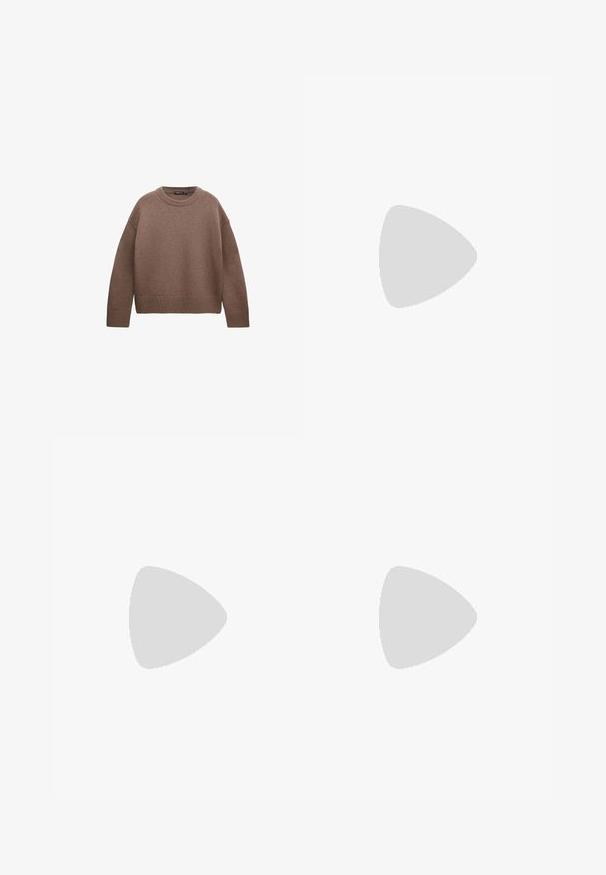 Jersey marrón de punto con mangas largas, puños, dobladillo y cuello redondo acanalados, presentado sobre un fondo blanco.; Vaqueros denim azul oscuro de pierna ancha con botón delantero y cremallera, trabillas para cinturón y diseño de cinco bolsillos, colocados planos sobre un fondo blanco.; Zapato de ante sin cordones en color marrón claro, con un suave forro de piel de zorro y suela de goma texturizada con un ligero tacón y una lengüeta trasera para facilitar el uso.; Bolso tote grande de ante marrón oscuro con dos largas correas para el hombro y un diseño simple y sin adornos sobre fondo blanco.