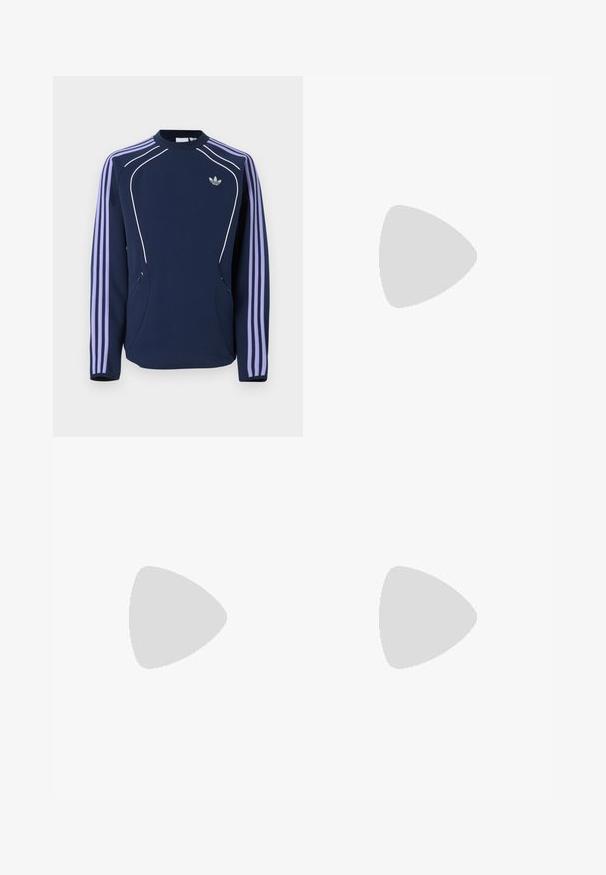 Μπλε ναυτικό φούτερ Adidas με μακριά μανίκια, λιλά τρεις ρίγες στα μανίκια, άσπρη περιέλιξη στο μπροστινό μέρος και λογότυπο Adidas trefoil στο στήθος.; Μπλε πουκάμισο από τζιν με κουμπιά, που διαθέτει σχέδιο με επικαλυπτόμενα σχήματα φύλλων, μαύρα κουμπιά και γιακά.; Σκούρο μπλε παντελόνι φόρμας από ελαφρύ ύφασμα, με λευκές ρίγες στο πλάι, ελαστική μέση και μικρό λογότυπο.; Χαμηλού προφίλ μπεζ αθλητικό παπούτσι Adidas Spezial με πράσινες ρίγες, σόλα από καουτσούκ και την επωνυμία "SPEZIAL" στην πλευρά, εμφανίζεται από την εξωτερική πλευρά.