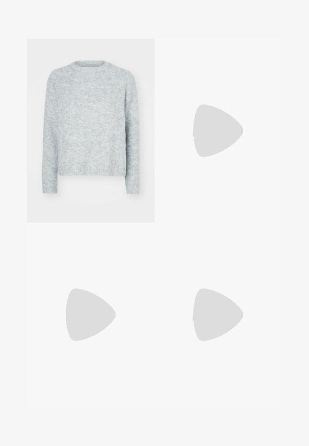 Light grey pullover sweater with a crew neck, long sleeves, and a soft, textured finish. No visible patterns or hardware details.; Black wide-leg pants made from smooth fabric, featuring two front pockets and a pleated design with two buttons at the waist.; Black leather ankle boots with a pointed toe, featuring a front leather strap and silver buckle detail, and a low, block heel.; Small black glossy handbag with two long handles and side drawstring details on a plain light background.