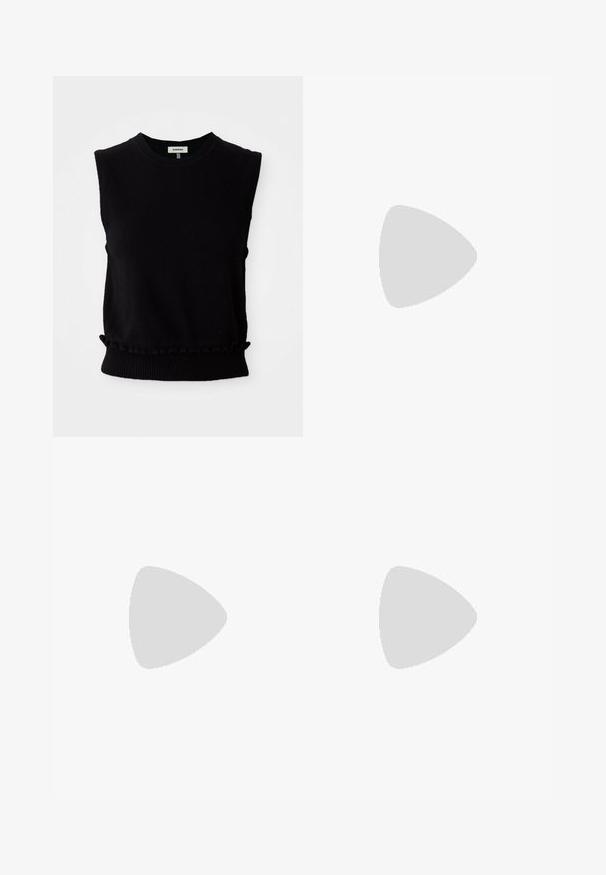 Sort ærmeløs sweater lavet af blødt strikkemateriale. Har rundt halsudskæring og samlet bundkant med ribkant. Enkel, moderne design.; Sorte skræddersyede bukser med en glat tekstur, der har en flad front, to sidelommer og et klassisk lige ben-design.; Grå strikket sweater med brede ærmer og ribbet kant, parret med høj-taljede grå bukser med et subtilt ternet mønster og sorte loafers.; Sort smalt læderbælte med krokodillemønster, guldspænde og to guld bæltestropper, rullet sammen på en lys baggrund.