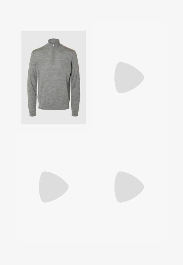 Grå pullover sweater med en lynlås ved kraven, lavet af et glat, struktureret stof. Har lange ærmer og en tætsiddende design.; Lysegrøn bomuldst-shirt med en afslappet pasform, korte ærmer og en ribstrikket rund halsudskæring. Ingen mønstre eller yderligere detaljer.; Sorte slim-fit jeans lavet af denim, med knaplukning, fem lommer og et rent, minimalistisk design.;  Sorte lædersneakers med en glat finish, rund tå, struktureret sidelæder og sorte snørebånd. Har en flad gummisål og et minimalistisk design.