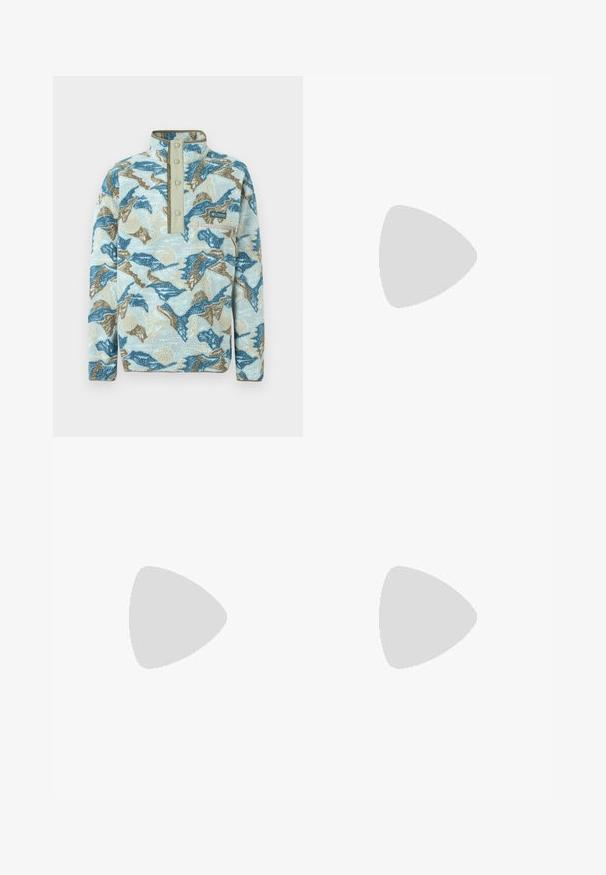 Fleecový pulóver s abstraktným vzorom hôr v modrej, béžovej a krémovej farbe, zapínaný na patentky, s náprsným vreckom so zipsom a logom Columbia Sportswear.; Biela bavlnená tričko s krátkymi rukávmi, okrúhlym výstrihom a čiernym logom Carhartt na ľavej hrudi, hladká textúra a základný dizajn.; Svetlomodré rifle s priamymi nohavicami, prednými vreckami, očkami na opasok, zapínaním na gombík a viditeľnými švami.; Čierne kožené tenisky Nike s zaoblenou špičkou, perforovaným predným dielom a textúrovanou gumovou podrážkou. Obsahujú šnúrky a jemné značenie.