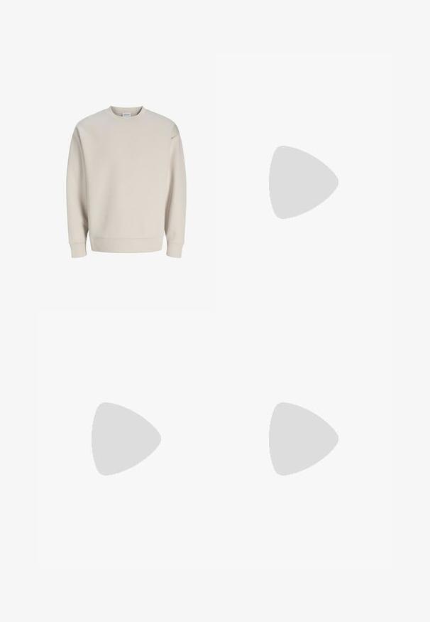 Beige sweater met ronde hals, lange mouwen en geribde boorden en zoom, eenvoudig ontwerp, gecentreerd op een witte achtergrond.; Beige flanellen overhemd met een kraaglijn, voorzien van twee borstzakken, zwarte knopen en lange mouwen met knoopmanchetten.; Beige rechte pijpen chinos met riemlussen, voorkant met knoop en rits sluiting, en schuine voorzakken.; Witte leren sneakers met een gladde textuur, ronde neus, platte zool en zes veterogen. Het minimalistische ontwerp heeft subtiele stikselaccenten.