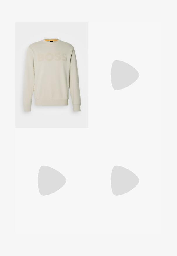 Cremefarbener Sweatshirt mit einem gerippten Rundhalsausschnitt, das ein farblich abgestimmtes "BOSS"-Logo auf der Vorderseite und gerippte Bündchen sowie Saum präsentiert.; Weißes Baumwoll-T-Shirt mit Rundhalsausschnitt, kurzen Ärmeln und einem dezenten geprägten Logo auf der Brust. Das Innenschild hat einen orangefarbenen Akzent.; Navyblaue Baumwollshorts mit Knopfverschluss, geradem Schnitt und Seitentaschen. Sie verfügen über eine glatte Textur und ein schlichtes Design.; Weiße Leder-Sneaker mit glatter Textur, runder Zehenpartie und tonal abgestepptem Design. Mit blauen Schnürsenkeln und einem goldenen Logo an der Seite.