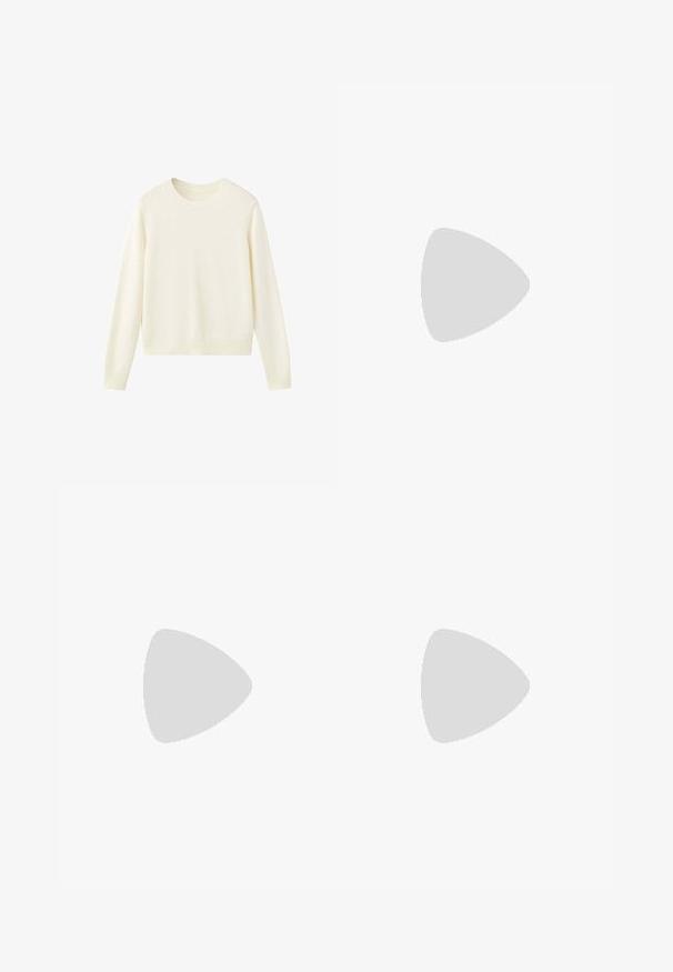 Pull à col rond manches longues couleur crème avec poignets et ourlet côtelés, présenté sur fond blanc.; Pantalon gris taille haute à jambes larges, avec passants de ceinture, fermeture devant par boutons et plis subtils, posé à plat sur fond blanc.; Baskets en cuir blanc avec des rayures noires, semelle extérieure en caoutchouc beige, bout rond, fermeture lacée et embout en suède gris doux.; Even&Odd by Zalando Sac à main - brown