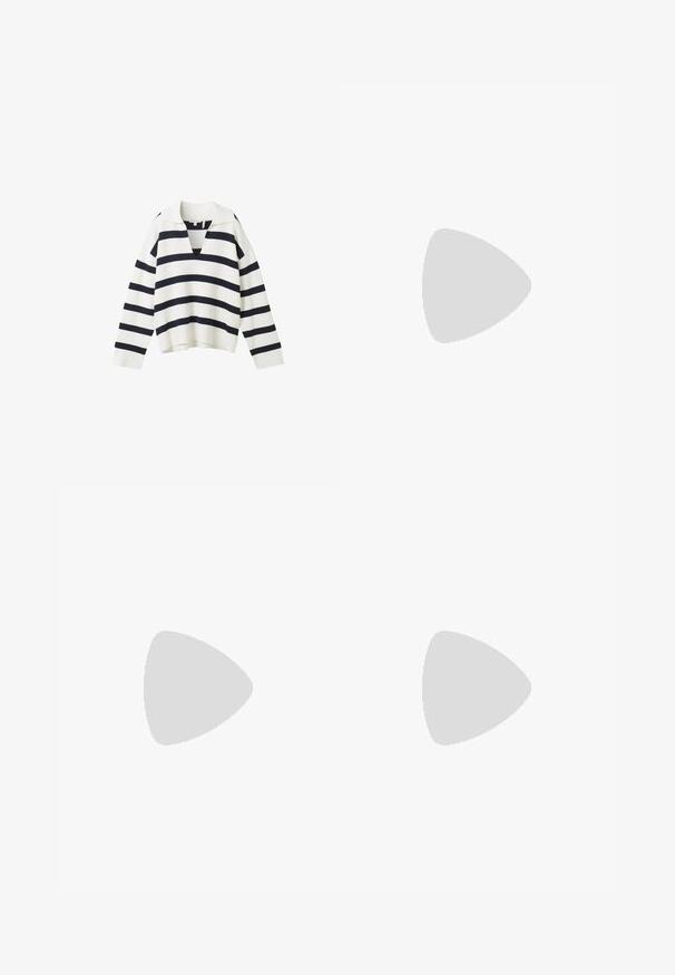 Gestreept sweater in wit en marineblauw, met een V-hals, lange mouwen, geribbelde textuur en een oversized pasvorm met een korte zoom.; Marineblauw katoenen T-shirt met korte mouwen, voorzien van een borstzakbedrukking met blauwe hartjes en rode tekst met de woorden "je t'aime pour toujours."; Marineblauwe wijde broek van een gladde stof, met een hoge taille, dubbele knoopsluiting en gestreken plooien aan de voorkant.; Witte sportschoen met een bovenwerk van mesh en synthetisch materiaal, voorzien van zilveren accenten en een gestructureerde rubberen zool, gelabeld "TOM TAILOR."
