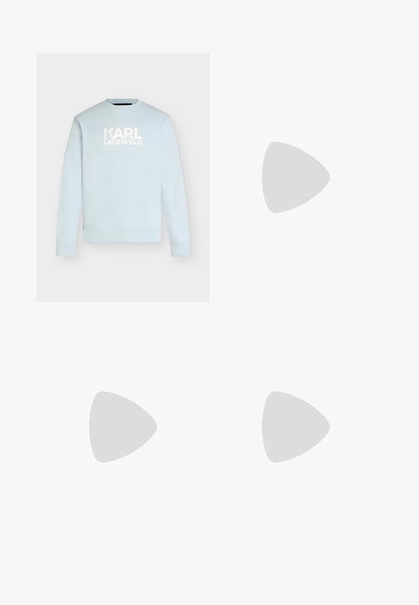 Sweat-shirt bleu clair à manches longues avec le texte blanc "KARL LAGERFELD" centré sur la poitrine.; T-shirt bleu vif à manches courtes et col rond avec un petit logo ton sur ton sur la poitrine gauche supérieure.; Shorts de bain pour hommes en vert vif et bleu, avec un motif éclaboussé, taille élastique et longueur mi-cuisse. Fabriqués en tissu léger.; Baskets basses blanches avec un design à lacets, dessus en cuir lisse et semelle épaisse, montrées de profil sur un fond uni.