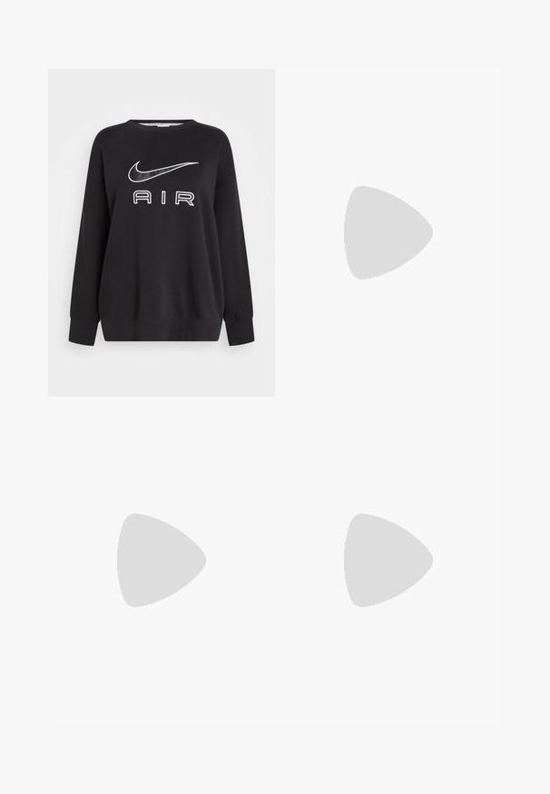 Sudadera negra con cuello redondo, mangas largas y el logo de Nike en blanco con un swoosh sobre la palabra "AIR" en letras en negrita.; Nike Sportswear W PHNX FLC HR OS - Pantalones deportivos - picante red/sail; Zapatillas Nike Air Force 1 blancas con una parte superior de cuero suave, puntera perforada, cordones blancos y un logotipo negro en la lengüeta.; Bolso tote de nailon negro con diseño de cintas horizontales, asas dobles y dos acentos decorativos de hardware. Pequeño logotipo en la parte frontal.