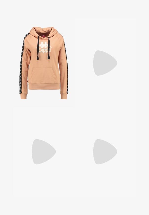 Kappa AUTHENTIC TWENNY - Hoodie - dusty coral; Effen witte T-shirt met korte mouwen en ronde hals, weergegeven op een witte achtergrond zonder zichtbare patronen of logo’s.; Lichtblauwe denim jeans met een hoge taille, taps toelopende pijp, vijf zakken en klassieke metalen knoopsluiting. Subtiele vervaagde textuur door het hele ontwerp.; Wit lage canvas sneaker met witte veters, rubberen zool, zwarte streepdetails en logopatch op de tong en hiel.