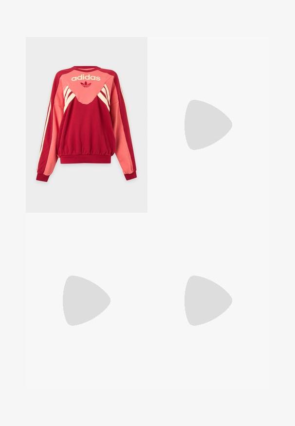 Rode en roze Adidas trui met lange mouwen, crèmekleurige strepen, logo en klaverblad symbool aan de voorkant tegen een lichte achtergrond.; Lichtblauw overhemd met lange mouwen, knopen aan de voorkant, een puntige kraag en een borstzak, plat uitgestald op een witte achtergrond.; Bershka WIDE - Broek - black; Gouden platte balletschoen met een zwarte elastische band over de wreef en een lage zwarte zool, zijaanzicht op een witte achtergrond.