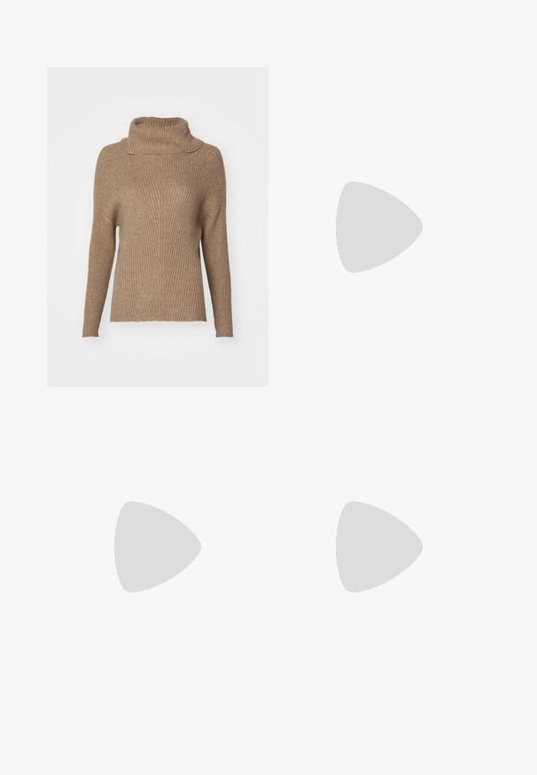 ONLY ONLKATIA SADDLE ROLL NECK - Πουλόβερ - malt ball; Ανοιχτό μπλε φουσκωμένα τζιν με ψηλή μέση, φτιαγμένα από τζιν ύφασμα. Διαθέτουν κλασικό σχέδιο πέντε τσεπών και ακατέργαστο στρίφωμα στους αστραγάλους.; Καφέ ανδρικό σουέτ παπούτσι στιλέτο με μυτερή μύτη και κομψό, στενό τακούνι στιλέτο σε απλό ανοιχτό φόντο.; Καφέ πατεντωμένη δερμάτινη τσάντα σε ορθογώνιο σχήμα, με δύο μακριές λαβές και λεπτές καμπύλες λεπτομέρειες στο μπροστινό μέρος.