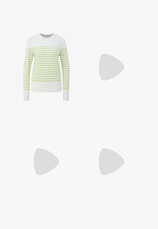 Weißer Strickpullover mit hellgrünen horizontalen Streifen, rundem Halsausschnitt sowie gerippten Bündchen und Saum. Dezentes Logodesign auf der Brust.; Weite Hosen aus dunklem Marineblau. Mit flachem Bund, Gürtelschlaufen und seitlichen Taschen. Das Material ist glatt und hat einen leichten Stretch.; Tamaris Riemchenballerina - black; Beige rechteckige Sonnenbrille mit einfarbigen braunen Gläsern und dickem Rahmen vor weißem Hintergrund.