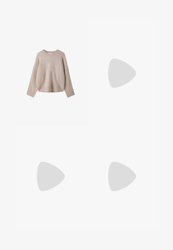Pull beige en laine à manches longues avec col rond côtelé, poignets et ourlet, présenté sur fond blanc.; Pantalons larges marron avec une texture lisse, des plis à l'avant, une fermeture à bouton et deux poches latérales. Conçus pour le confort et la polyvalence.; Bottine marron en daim de hauteur moyenne, style slip-on, avec une semelle épaisse compensée et un onglet à l’arrière sur fond clair.; Sac à main en cuir marron foncé avec double poignée, poche avant zippée, boucles décoratives et nœuds latéraux sur fond blanc.